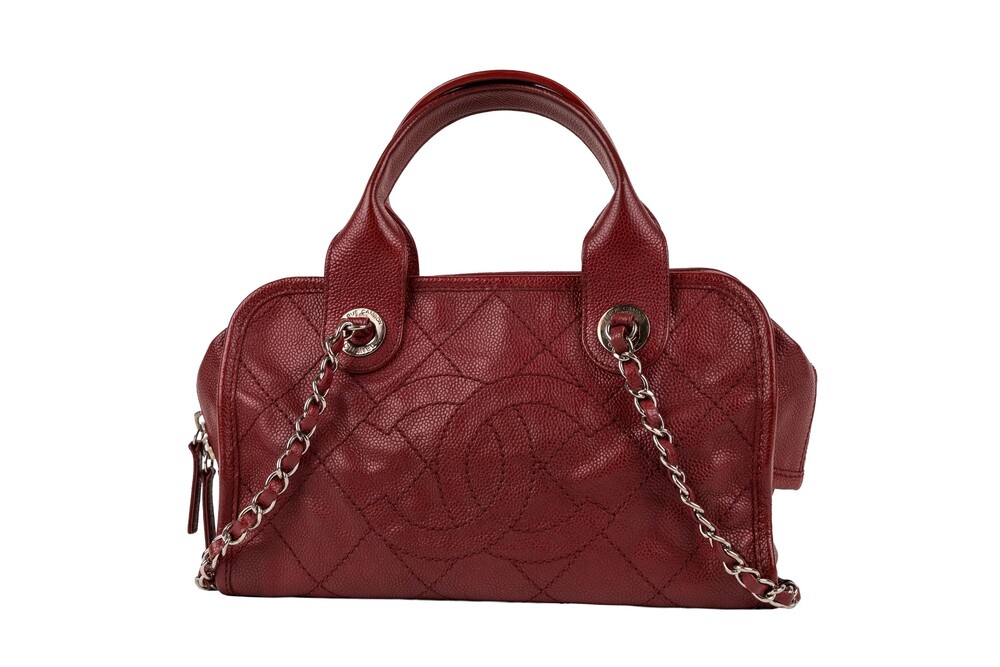 Chanel Red Quilted Bowling Handbag Caviar Leather Silver Hardware